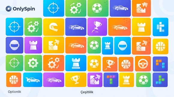 OnlySpin platformunda farklı oyun türleri ve çeşitlilik görseli