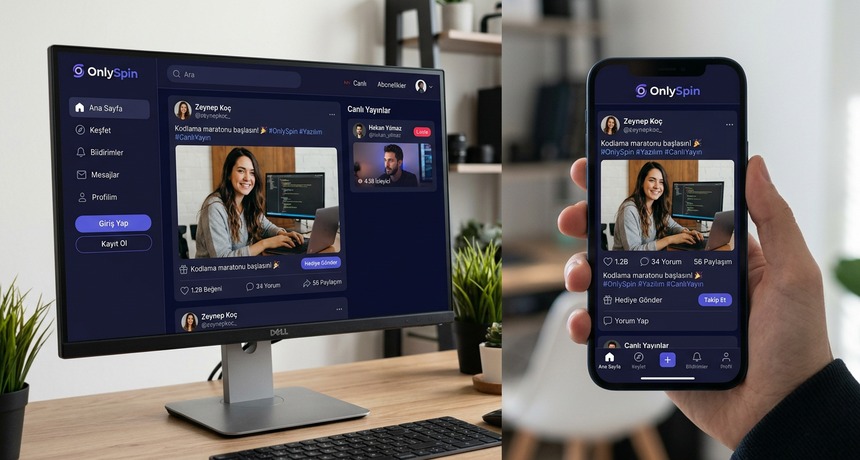 OnlySpin platformunun masaüstü ve mobil cihazlardaki genel görünümü