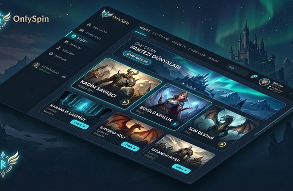 OnlySpin platformunun masaüstü arayüz tasarımının genel görünümü ve menü yapısı