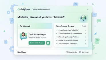 OnlySpin platformunun müşteri destek arayüzü ve yardım merkezi görünümü