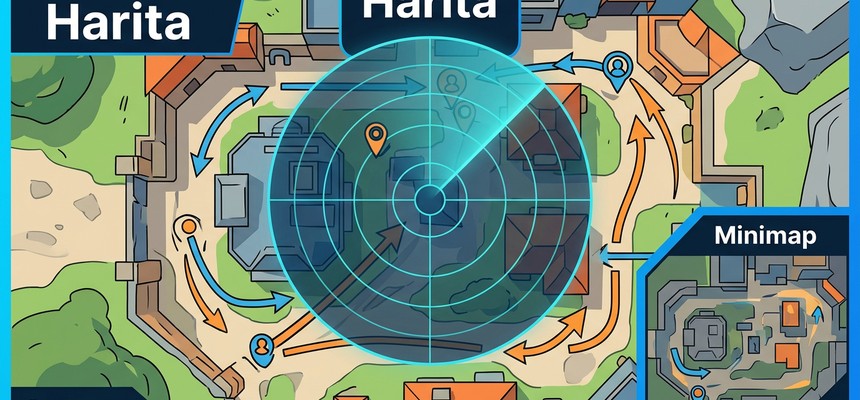 FPS oyunlarında minimap kullanımı ve harita okuma tekniklerini gösteren rehber görseli
